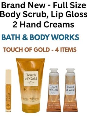 Bath & Body Works - 4 Touch of Gold Items - Body Scrub, Lip Gloss & 2 Hand Cream